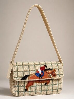 NWT SOL & MER Beaded Equestrian Shoulder Bag in Cream